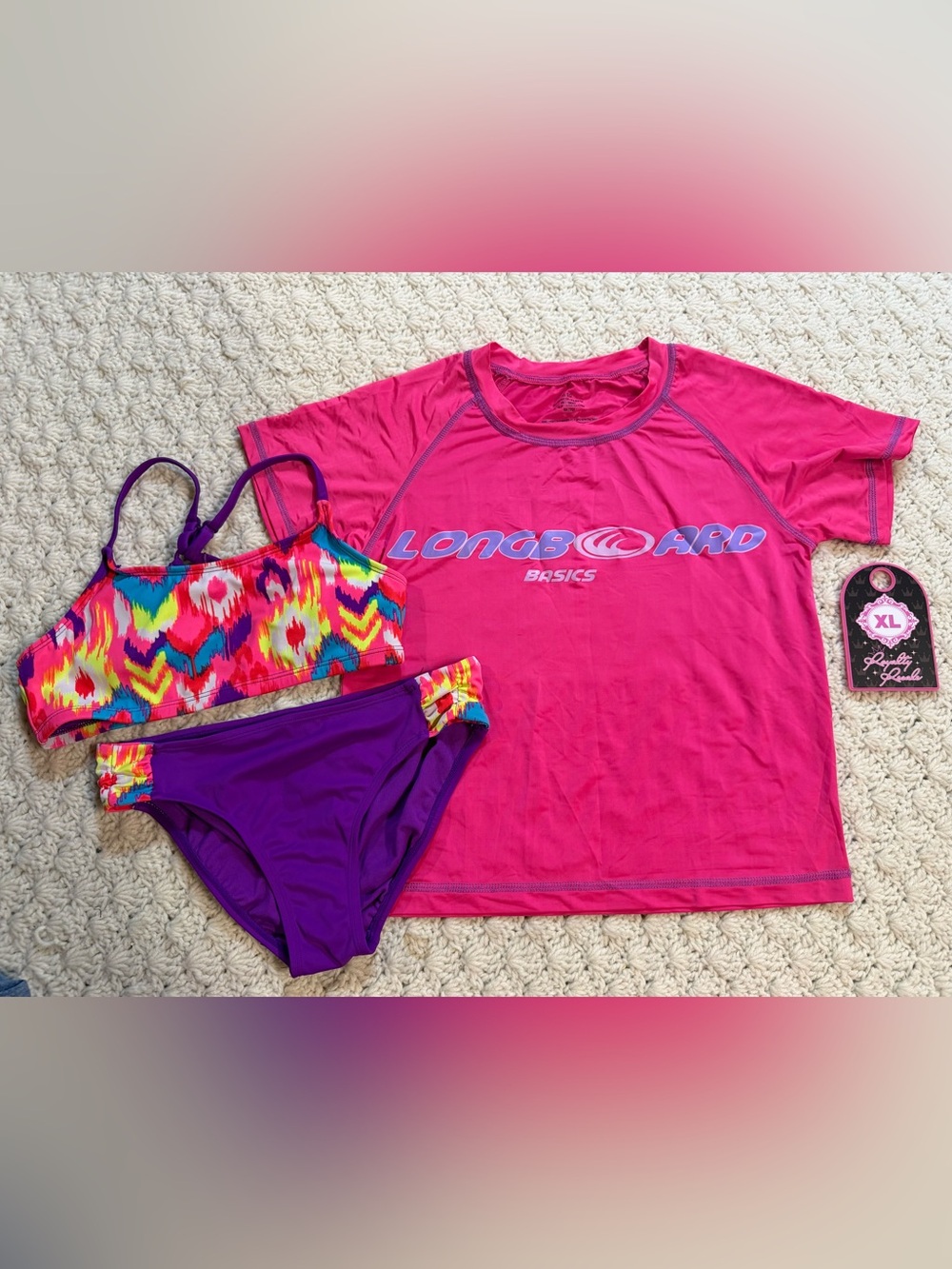 Justice Girls Hot Pink Rash Guard with Purple & Multicolor Bikini